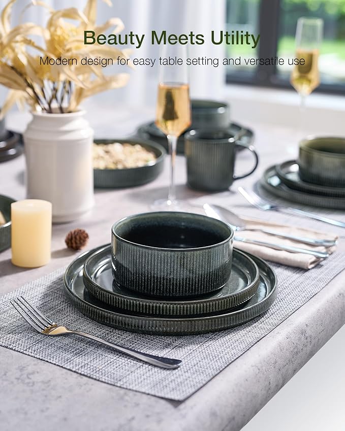 Famiware Star Stoneware Dinnerware Sets for 6 (24pcs), Chip and Scratch Resistant, Microwave & Dishwasher Safe Complete Dishes, Pasta Bowl, Cereal Bowl, Dinner Plate, Salad Plate, Ribbed, Deep Forest