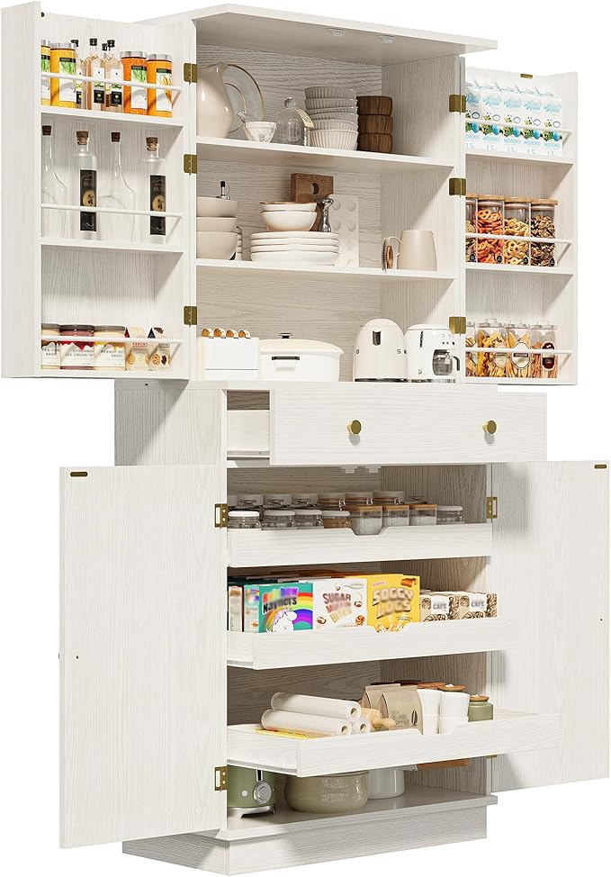 IRONCK Farmhouse Kitchen Pantry Cabinet, 72" Tall Pantry Cabinets with 2 Pull Doors and Drawer Organizing Board Storage for Home Kitchen Dining Room, White