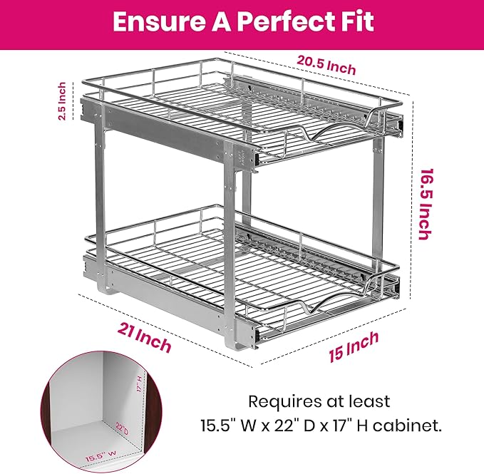 HOLDN??STORAGE Two Tier Pull Out Cabinet Organizer, Individual Sliding Drawers - Heavy Duty Metal with Lifetime Limited Warranty - Anti Rust Chrome Finish - 15" W x 21?쒭 x 16.5" H