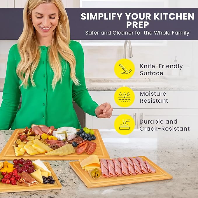 Glue-Free Surface??Extra Large Bamboo Cutting Board Set ??For Chopping Vegetables, Carving Meat, Slicing Bread, and Serving Cheese & Charcuterie for Safer Family Meal Prep ??For Health Conscious Chefs