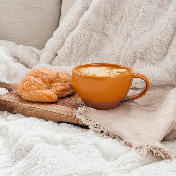 MORA Ceramic Latte Art Mug With Saucer - 10.5 oz, Round Bottom For Perfect Pours - Cafe Cups for Cappuccino, Espresso, Coffee, Tea etc - Porcelain Set for Baristas, Great Gift - Pumpkin Orange