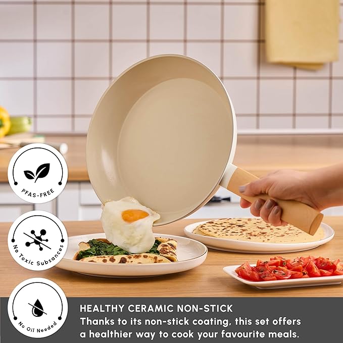 Karaca Swiss Crystal Almond 7-Piece Induction Non-Stick Cookware Set ??Cream, PFAS-Free SwissCrystal Coating