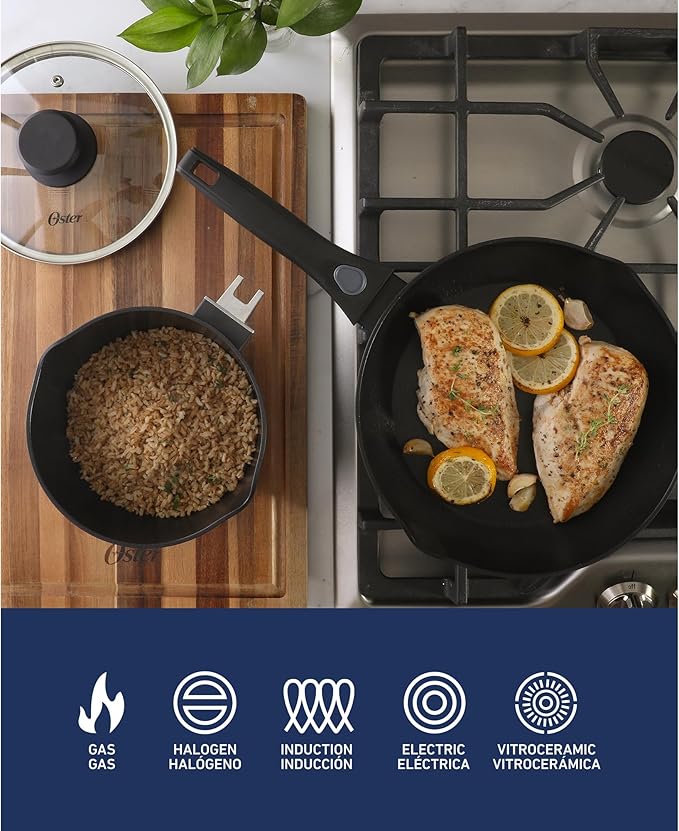 Oster SmartHandle 2-Qt Nonstick Saucepan & 10-Inch Fry Pan with Removable Handle Cookware Set ??Oven & Dishwasher Safe, Space-Saving Cookware