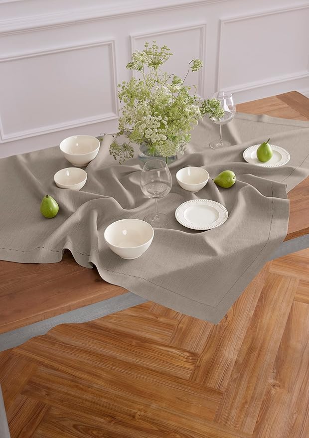 Solino Home Natural Linen Tablecloth 52 x 52 Inch - 100% Pure Linen Square Table Throw - Classic Hemstitch, Machine Washable Table Cloth for Spring, Easter