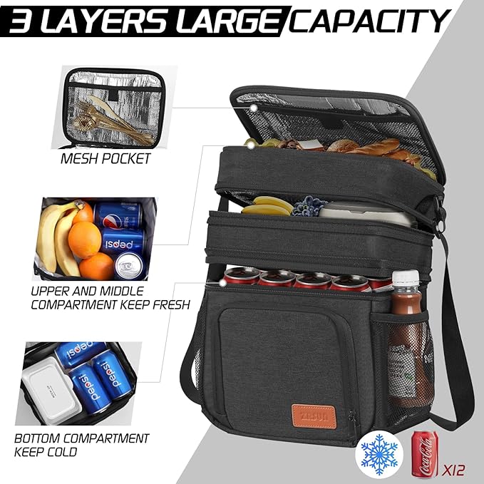 ZRSUN Insulated Lunch Bag for Women Men, Reusable 3 Layers Lunch Box Women, Expandable Reusable Water-resistant Lunch Box for Work Travel Office Picnic Hiking