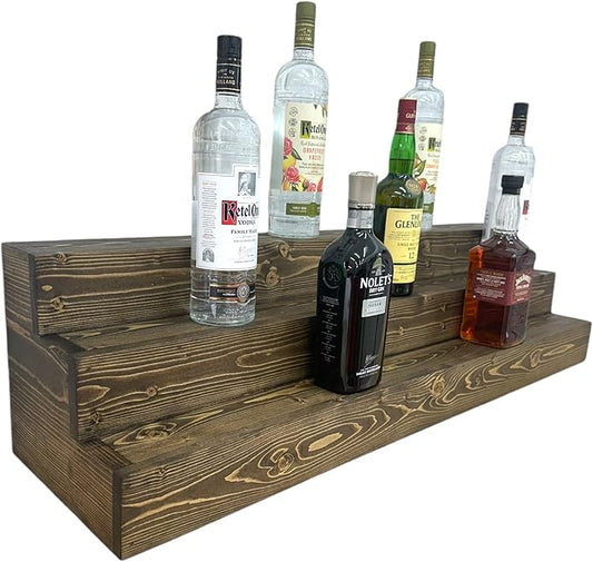Handmade Tiered Display Shelving - Three Tier Bar Display - Bar Organizer - Liquor Bottle Display (42" with Back, Dark Walnut)