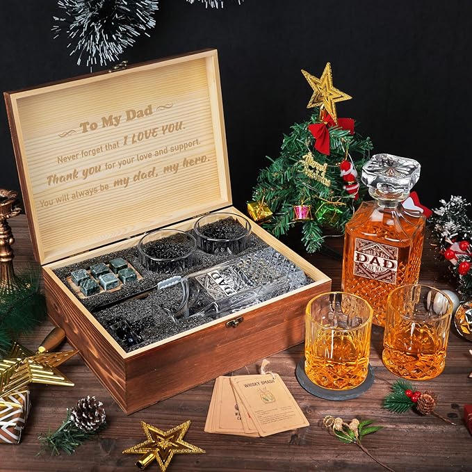 PONPUR Gifts for Men Dad, Whiskey Decanter Set with 2 Glasses with Wooden Box, Unique Dad Birthday Gift from Daughter Son, Best Dad Father Husband Presents for Anniversary Christmas
