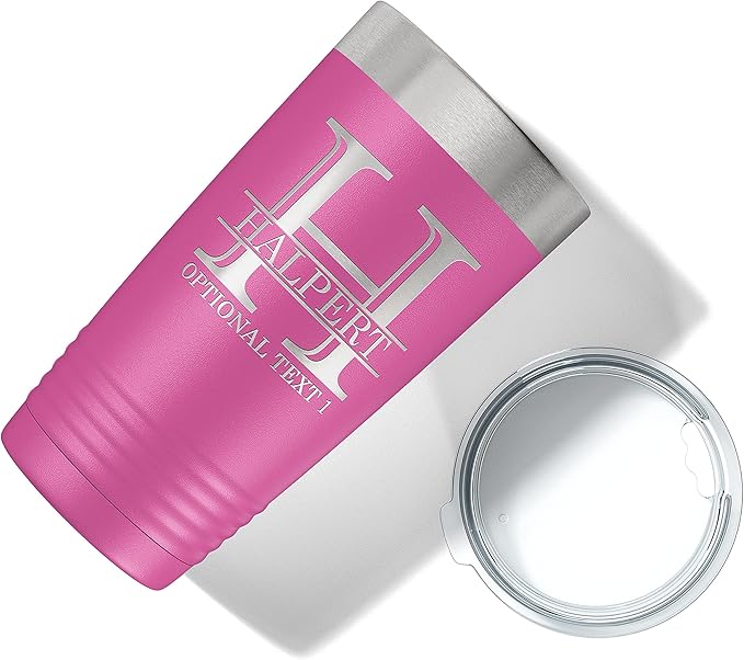 Personalized 20oz (17 Colors) Powder Coated Insulated Stainless Steel Tumbler with Lid, Custom Etched, Customized Engraved Gift Idea for Women Men Her Him, Halpert Monogram Initial Name (Pink)