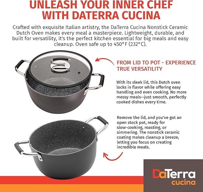 DaTerra Cucina ??8 Qt Nonstick Ceramic Dutch Oven with Lid ??Large Oven Safe Stock Pot, Induction Compatible, Lightweight, Lead & PFOA Free, Volcanic Black, Durable Nonstick Cookware ??Made in Italy