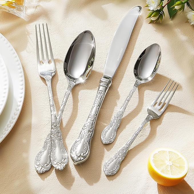 KINGSTONE Vintage Carved Silverware Set, 60-Piece 18/10 Stainless Steel Flatware Cutlery Set with Retro Royal Thick Handle, Tableware Utensils for Home, Restaurant, party, Wedding, Dishwasher Safe