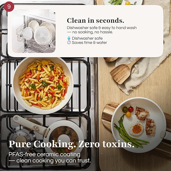 GOURMETIFIC짰 Pots and Pans Cookware Set [11 PIECES] - Non Toxic Ceramic Coated Cooking Ware - Induction, Gas & Oven Kitchenware - Non Stick Pot & Pan with Removable Handles & Stackable (Taupe)