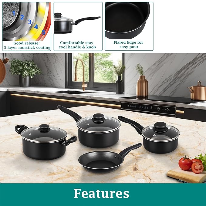 7-Piece Non-Stick Aluminum Cookware Set - Pots and Pans, Pot & Pan Sets Nonstick with Lids for Frying, Boiling, Stewing & Sauteing (Purple)