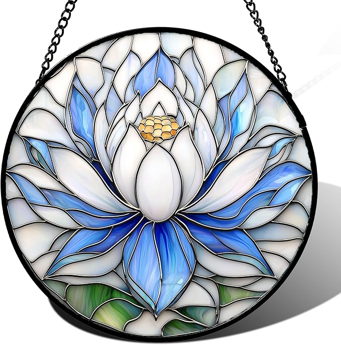 Stained Glass Window Hanging - Blue and White Lotus Petal Suncatcher for Doors Window Home Sun Catchers Decor Christmas Mother's Day July Birthday Gifts for Teacher Women Men Mom Nana 6.3 in