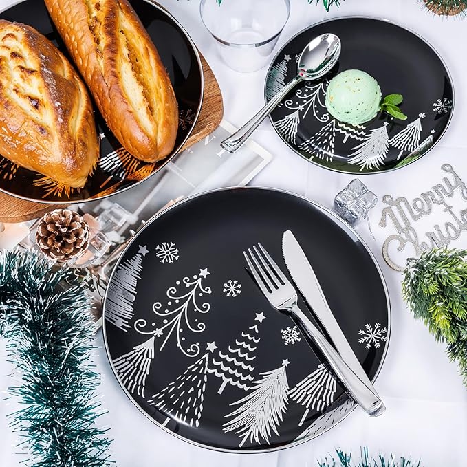 KIRE 150PCS Christmas Plates Disposable & Dinnerware Set for 25 Guests - Black & Silver Plates, Plastic Silverware & Cups With Silver Rim for Christmas/New Year