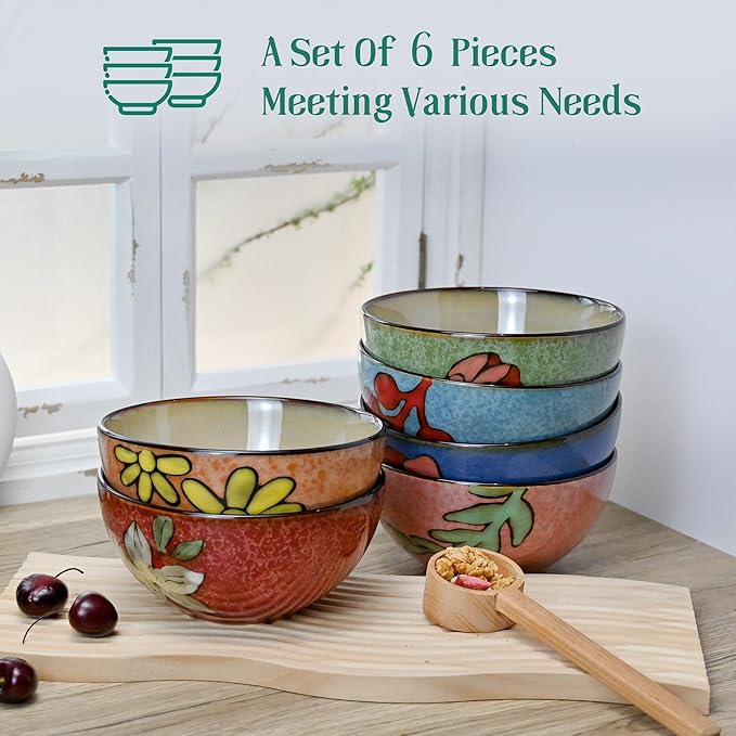 Ceramic Cereal Bowls Set of 6, Floral Design 6 inch ??28oz for Cereal, Salad, Soup, Dessert, or Snacks, Microwave, Dishwasher Safe