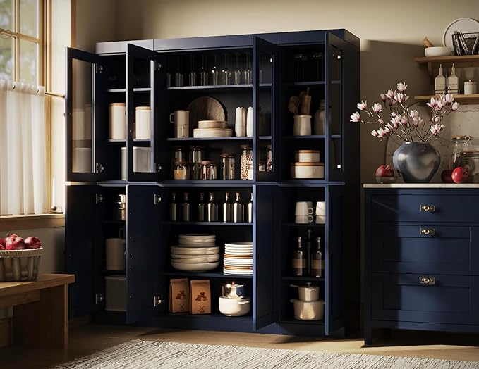 Palace Imports 100% Solid Wood China Cabinet - Kitchen Pantry - Wooden Storage w/Adjustable Shelves, Navy Blue, 65" w x 71.5" h x 15.5" d, Renewable Eco-Friendly Wood, Made in Brazil