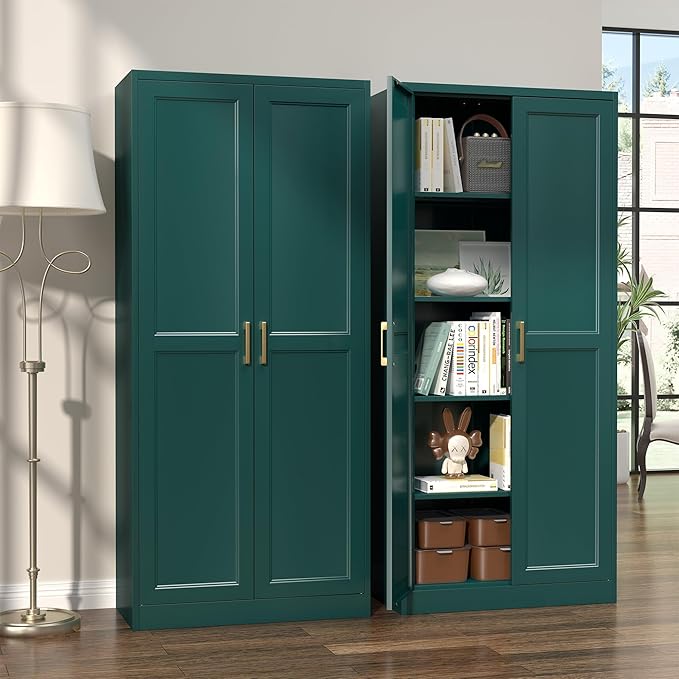 Kitchen Pantry Cabinet,71?쒰reen Metal Pantry Storage Cabinets with Doors and 4 Adjustable Shelves,Kitchen Cabinet with 2 Gold Handles,Tall Cabinet for Livingroom, Bathroom