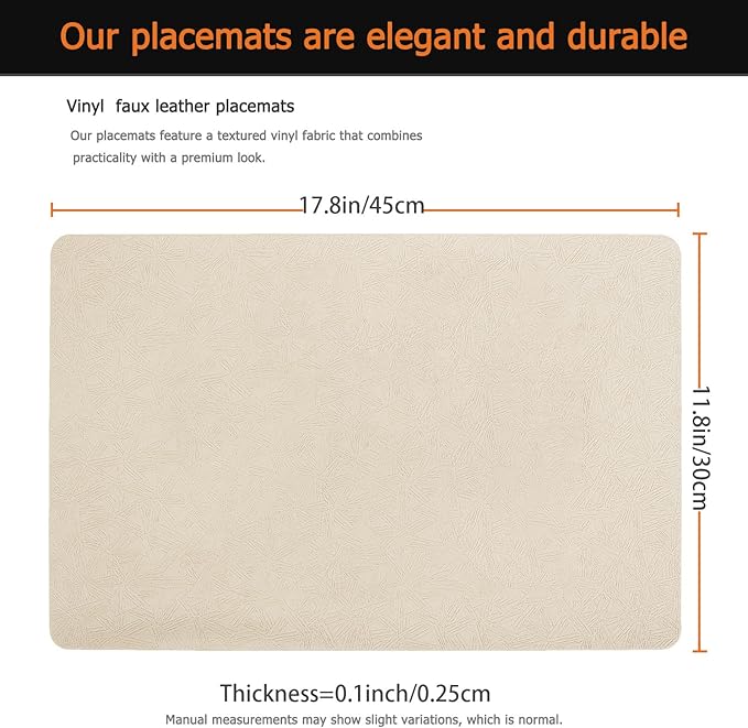 Uolr Vinyl Placemats Set of 4 Faux Leather 100% Waterproof Wipeable Washable Place Mats Heat Resistant Easy Clean Non-Slip Table Mats for Indoor Outdoor. (4,Beige)