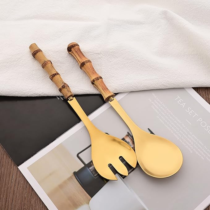 Natural Bamboo Handle Serving Spoons Set of 6, Large Size Stainless Steel Dinner Buffet Catering Banquet Serving Spoons, 10.0" Gold Big Ladle Tablespoons for Home, Family Serving Utensils