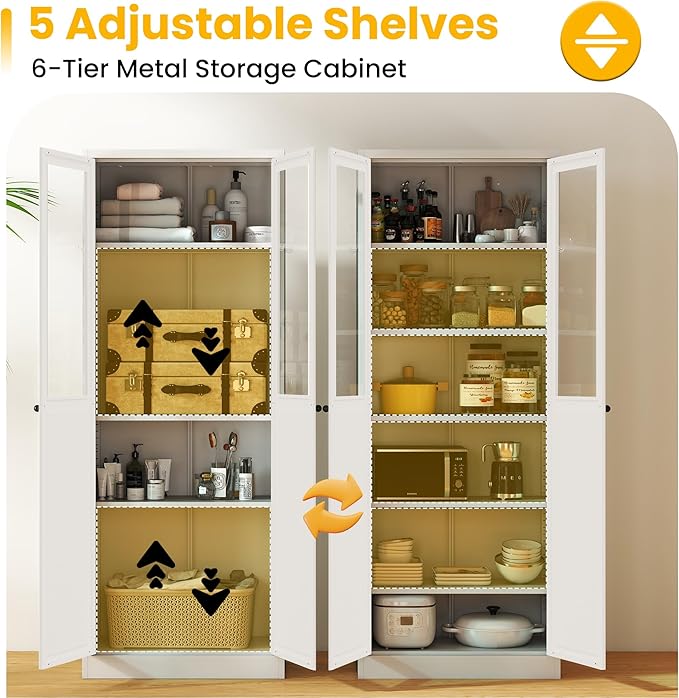 Pantry Cabinet with Glass Doors, 72??Kitchen Storage Cabinets with 5 Adjustable Shelves, Kitchen Pantry Cabinet with Ventilation Holes and Hooks for Home, Living Room, Pantry (White)