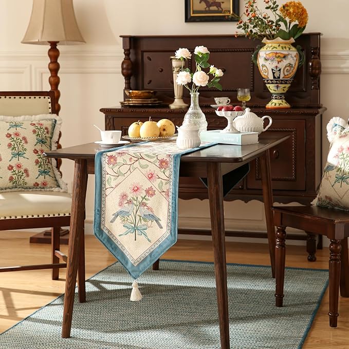 patdrea Designer French Elegant Wild Flowers Velvet Table Runner 118 Inch Long, Beige Pink Floral Table Mat, Decoration for Kitchen Dining Coffee Table Cabinet Banquet Thanksgiving,12"*118"