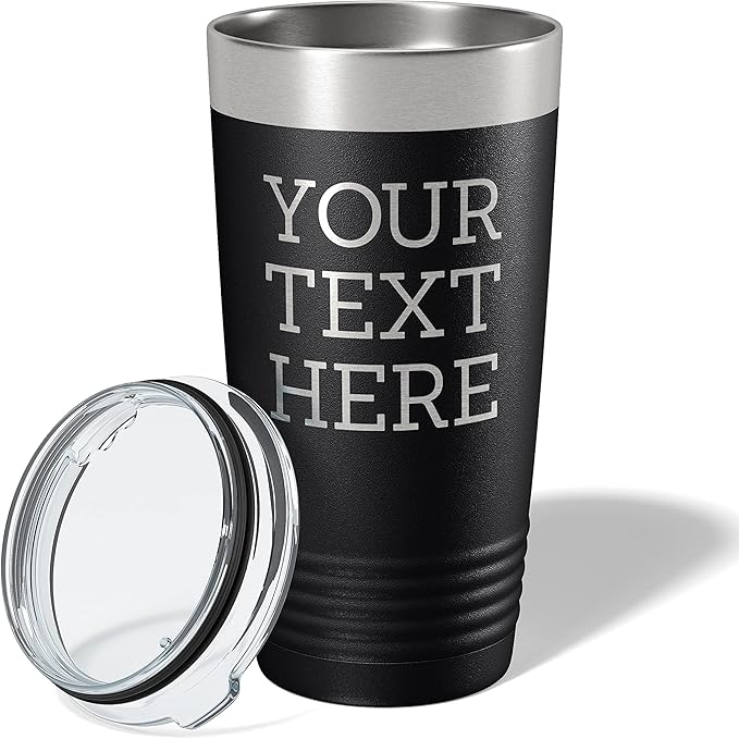 Personalized 20oz (17 Colors) Powder Coated Insulated Stainless Steel Tumbler with Lid, Custom Etched, Customized Text Message Name, Engraved Gift Idea Women Men Him Her, Your Text Here (Black)