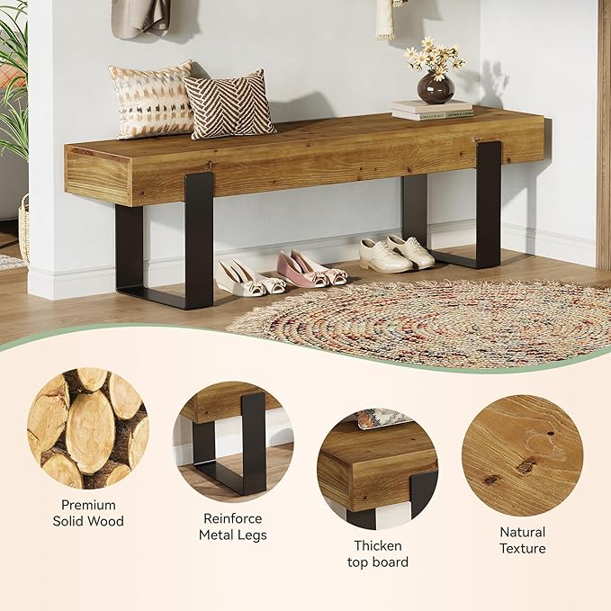 TRIBEWOOD Solid Wooden Entryway Bench, 63" Farmhouse Indoor Shoe Bench with Metal Legs, Industrial Long End of Bed Stool with Seating for Entry, Hallway, Porch, Living Room, Mudroom, Easy Assembly