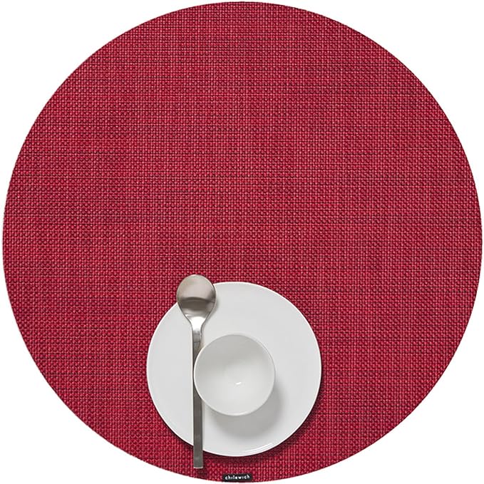 Chilewich Mini Basketweave Placemats in Scarlet- Set of 4 - Easy Care Woven Tabletop Textiles - Indoor/Outdoor - 15" Round