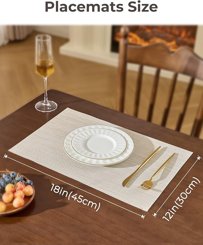 Leetaltree Beige White Placemats Set of 8 - Heat Resistant Non-Slip Place mats for Dining Table, Washable Durable PVC Vinyl Woven Table Mats(Beige White, 8)