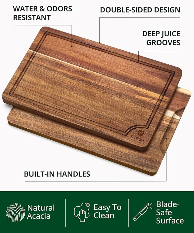 ROYAL CRAFT WOOD Acacia Wood Cutting Boards Set of 3 ??Premium Wooden Cutting Boards for Kitchen Meal Prep & Serving - Charcuterie & Chopping Butcher Block for Meat with Deep Juice Groove Side Handles