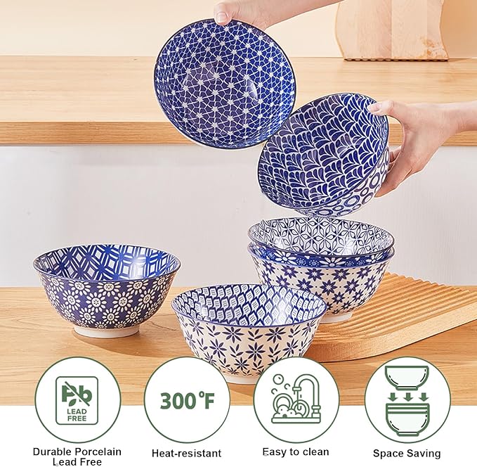 AntoKueh 6 inches Blue and White Ceramic Bowls, 23Oz Deep Cereal Porcelain Bowls set of 6, Large Soup Bowls for Salad, Fruit, Vintage