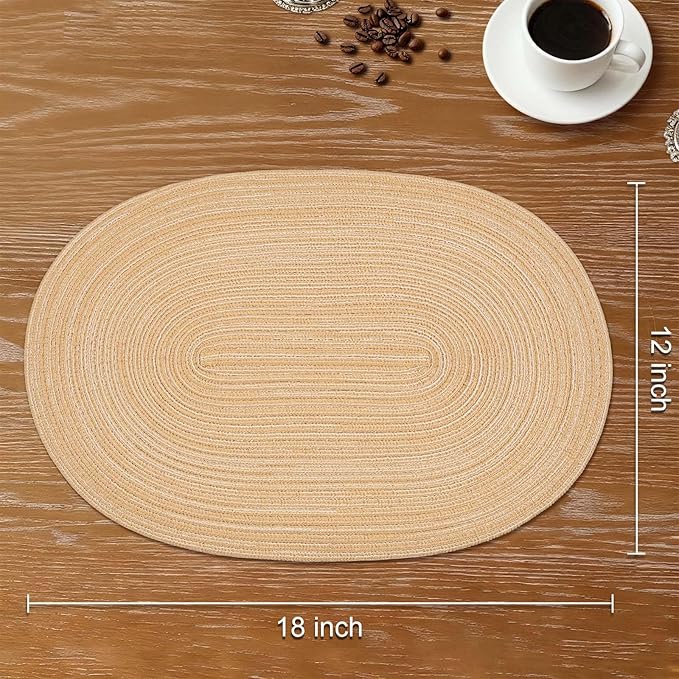 Noctiflorous Oval Braided Placemats Set of 8 Woven 12x18 Inch Non Slip Washable Heat Resistant Place Mats Round Tablemats for Dining Kitchen Party Daily Table Decor Dinner Mats (Beige Brown, 8)