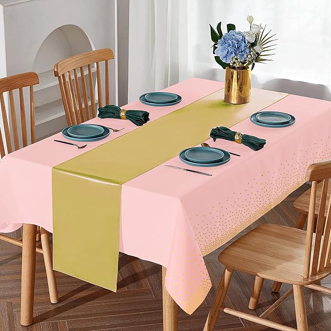 16Pack Disposable Plastic Tablecloths and Satin Table Runner Set Pink and Gold Dot Tablecloth Gold Satin Table Runner for Wedding Birthday Baby Shower Anniversary Christmas New Year Party Supplies