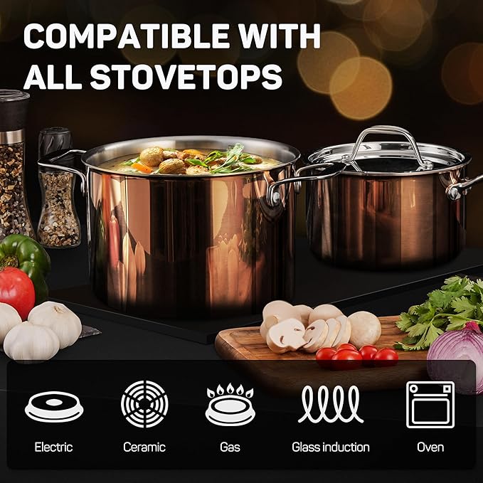 Whole Tri-ply 18/10 Stainless Steel Cookware Set, 10 Pcs Elegant Copper Pots and Pans Set, Induction Cookware, Frying Pans, Saucepans & Stock Pot with Lid, Ideal Gift for Wedding, Housewarming