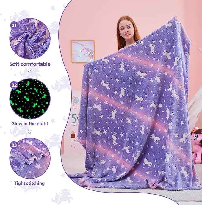 QSTEHEML Unicorns Glow in The Dark Blanket for Girls,Unicorn Gifts for Girls Age 3 4 5 6 7 8 9 10 11 12 Year Old, Soft Unicorns Purple Blanket - Christmas Birthday Bedroom Decor 50"횞60"