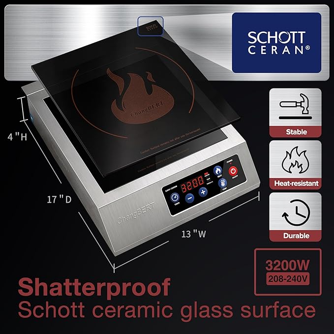 ChangBERT Portable Induction Cooktop 208-240V 3200W NSF Certified Commercial Range Countertop Burner Pro Chef Professional Hot Plate High Power Premium Stainless Steel Housing Schott Glass