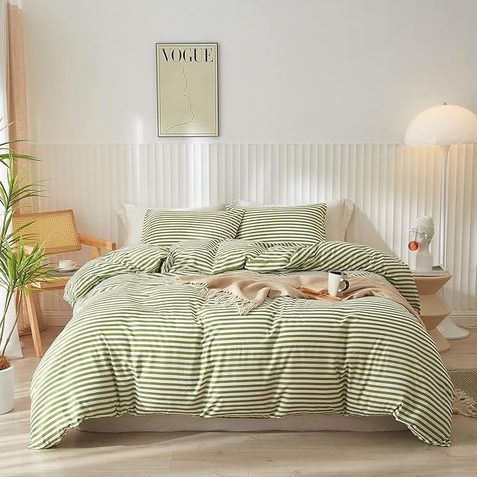 Full Comforter Set 3 Pieces Striped Comforter Set Green White Stripes Pattern Comforter with 2 Pillowcases Modern Style Lightweight Boho Bedding Comforter Geometric Striped Fluffy Comforter Set