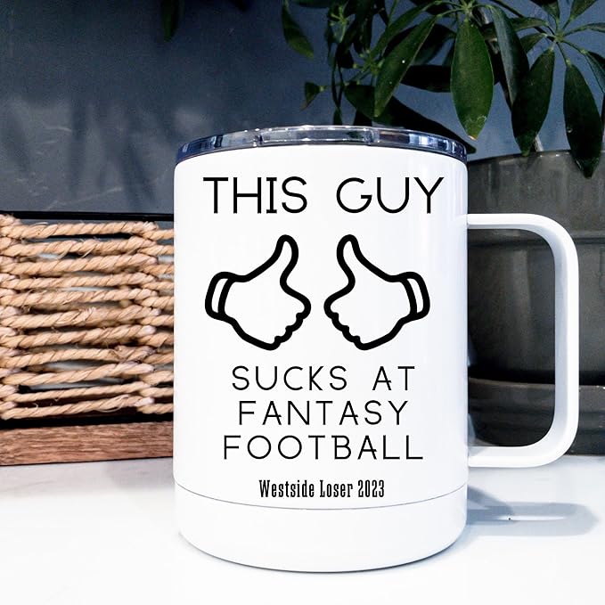 This Guy Sucks at Fantasy Football Mug | Insulated Cup with Lid | Funny Personalized Fantasy Loser Coffee Mug | Last Place Trophy Gif