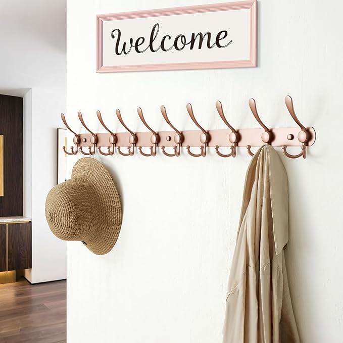 Dseap Coat Rack Wall Mount - 38??Long 10-Tri-Hooks Heavy Duty Coat Hanger Rail Wall Hooks for Hanging Coats Hats Clothing Clothes Purse Mudroom Entryway, Rose Gold