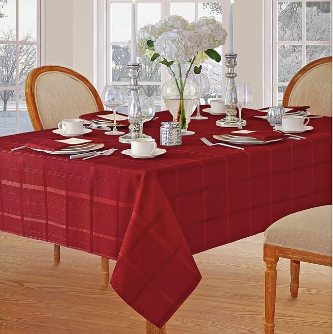 Newbridge 52 x 70 Inch Rectangle Fabric Tablecloth, Elegance Plaid, 100% Polyester, No Iron Soil Resistant Dining Room, Party and Banquet Table Cover, Solid Textured, Scarlet Red