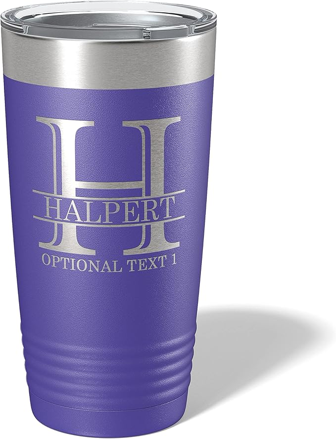 Personalized 20oz (17 Colors) Powder Coated Insulated Stainless Steel Tumbler with Lid, Custom Etched, Customized Engraved Gift Idea for Women Men Her Him, Halpert Monogram Initial Name (Purple)