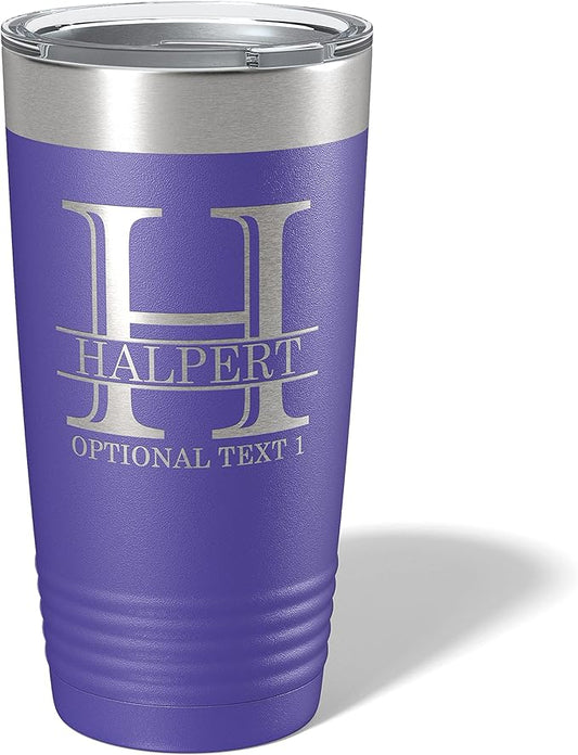 Personalized 20oz (17 Colors) Powder Coated Insulated Stainless Steel Tumbler with Lid, Custom Etched, Customized Engraved Gift Idea for Women Men Her Him, Halpert Monogram Initial Name (Purple)