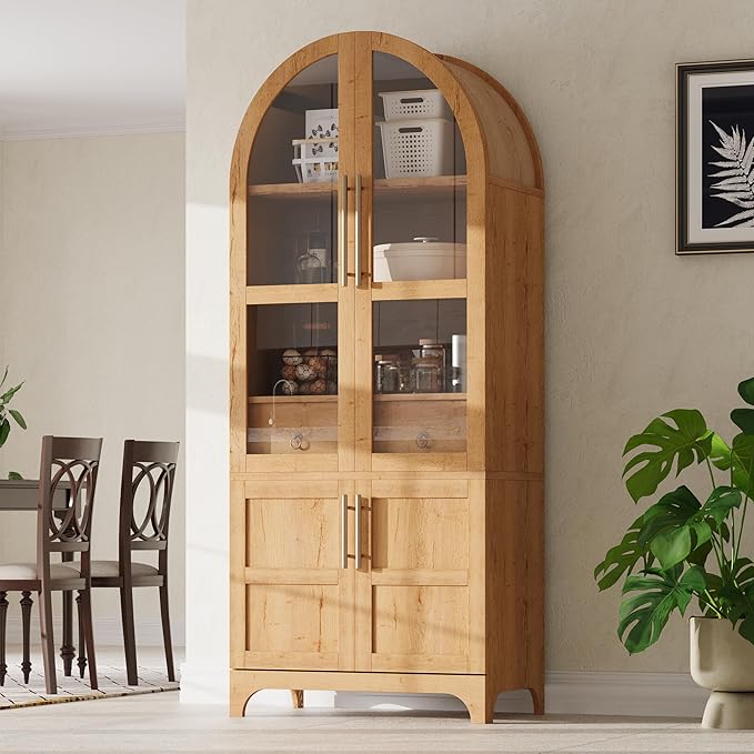 GDFStudio Mariah 71" Tall Arched Kitchen Pantry Cabinet with Hidden Drawer, Glass Door & Adjustable Shelves, Farmhouse Storage Cabinet Cupboard for Kitchen Dining Room, Home Pantry Storage, Natural