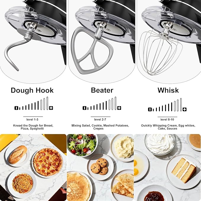 Camic 8.45 QT All Metal Stand Mixer,10 Speed Large Capacity Kitchen Mixer with Digital Timer & Tilt-Head, Electric Mixer with Whisk Dough Hook Mixing Beater for Baking,Cakes,Cookie,Bread,Salad(BLack)