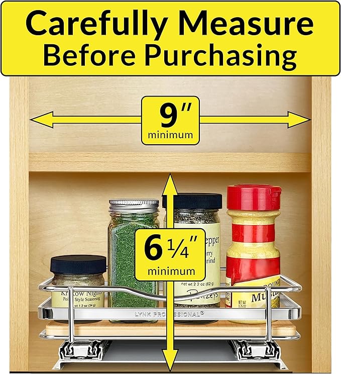 LYNK PROFESSIONAL짰 횋lite??Pull Out Spice Rack Organizer for Inside Kitchen Cabinets - 8-3/8 inch Wide - Slide Out Drawer ??Wood/Chrome Sliding Spice Cabinet Organization Shelf Racks - 1 Tier