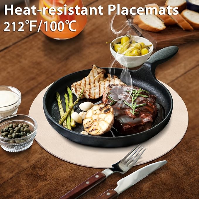 ADRIMER Placemats, Heat Resistant Round Placemats Set of 6 Washable, Waterproof Table Mats, Wipeable Faux Leather Place Mats for Kitchen, Dining Room, Beige