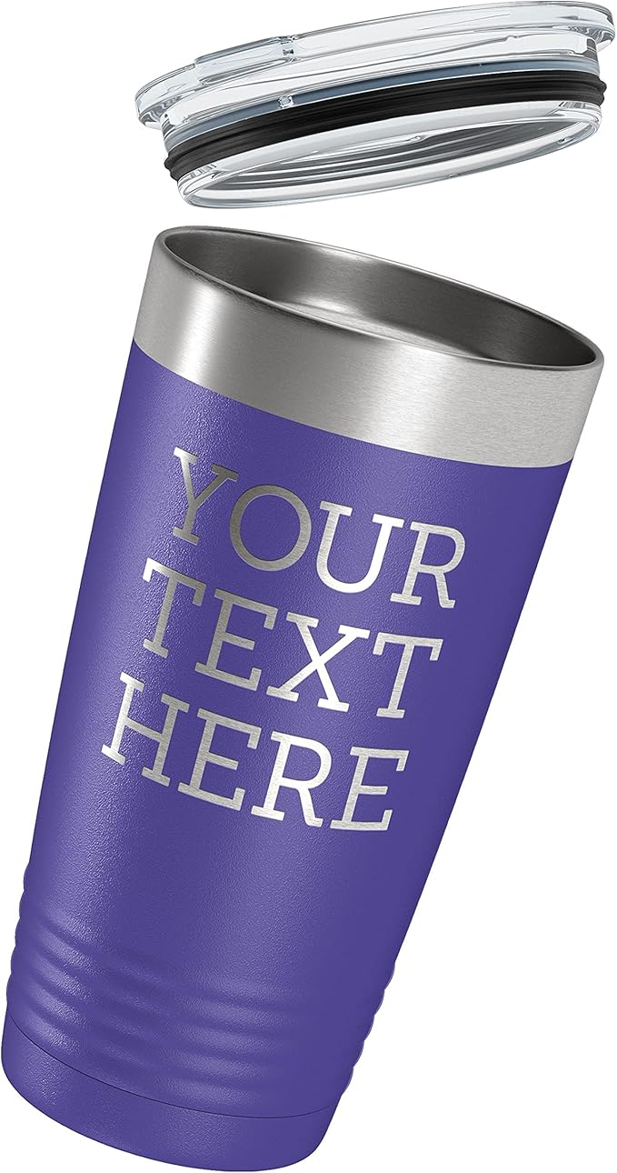 Personalized 20oz (17 Colors) Powder Coated Insulated Stainless Steel Tumbler with Lid, Custom Etched, Customized Text Message Name, Engraved Gift Idea Women Men Him Her, Your Text Here (Purple)