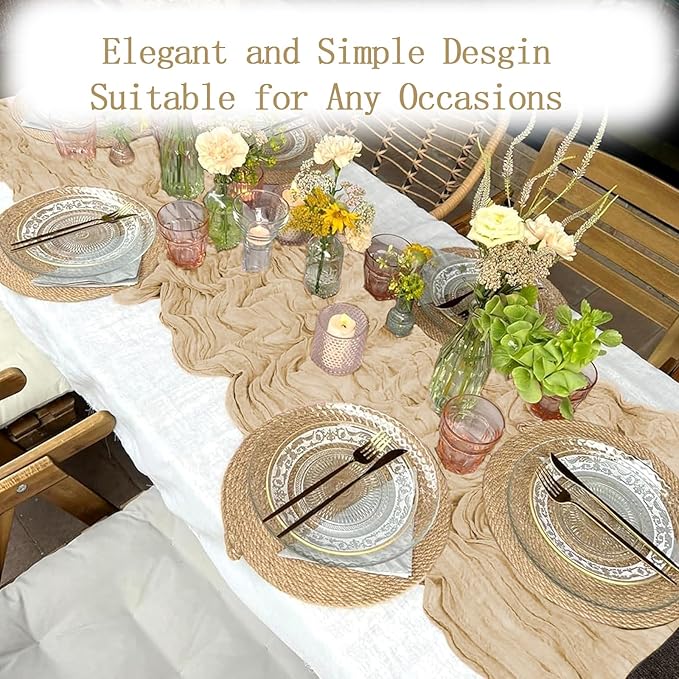 4 Pack Beige Cheesecloth Table Runner 20 x 120 inch Gauze Table Runners 10 FT Long,Semi Sheer Boho Cheese Cloth Fabric Table Runner Bulk for Party,Wedding,Baby Shower,Bridal Shower Decoration