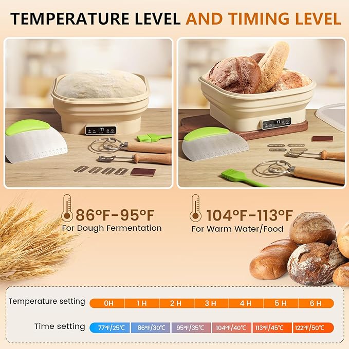 Upgrade Heating Sourdough Bread Proofing Basket Set, Electric Thermostatic Silicone banneton bread proofing basket,Sourdough bread baking supplies,11 Inch Square Foldable Sourdough Proofing Bowl