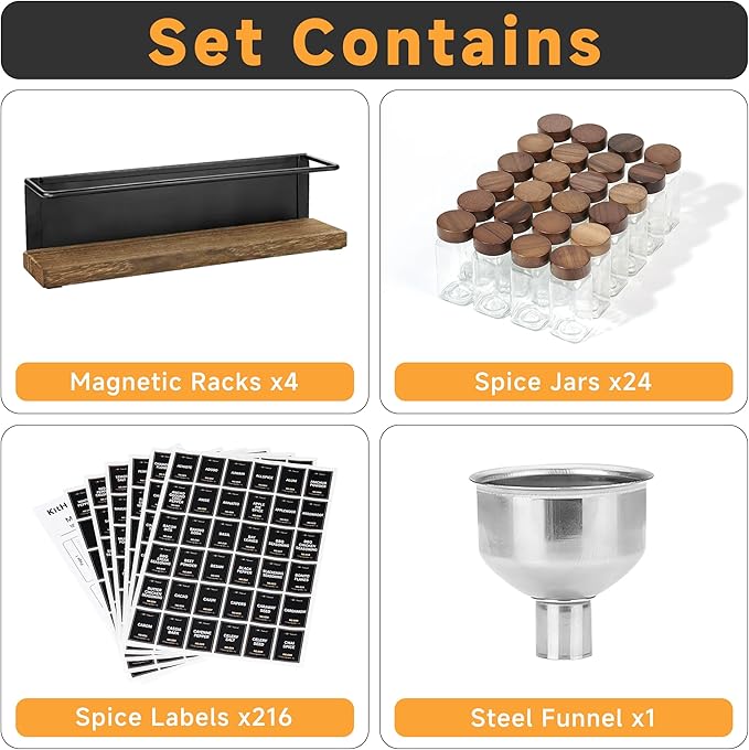 Wooden Lid Magnetic Spice Rack with 24 Jars, 216 Labels, 1 Steel Funnel for Refrigerator竊똌icrowave Oven - Full Set of Spice Organizer